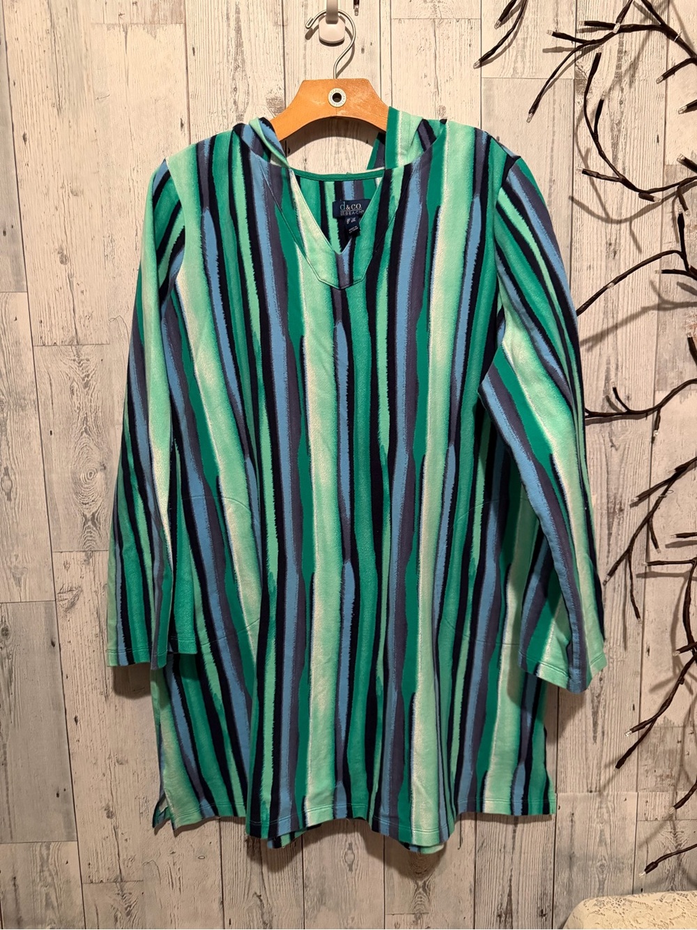 Striped V-Neck Tunic Beach Coverup Green and Blue Sz 2X